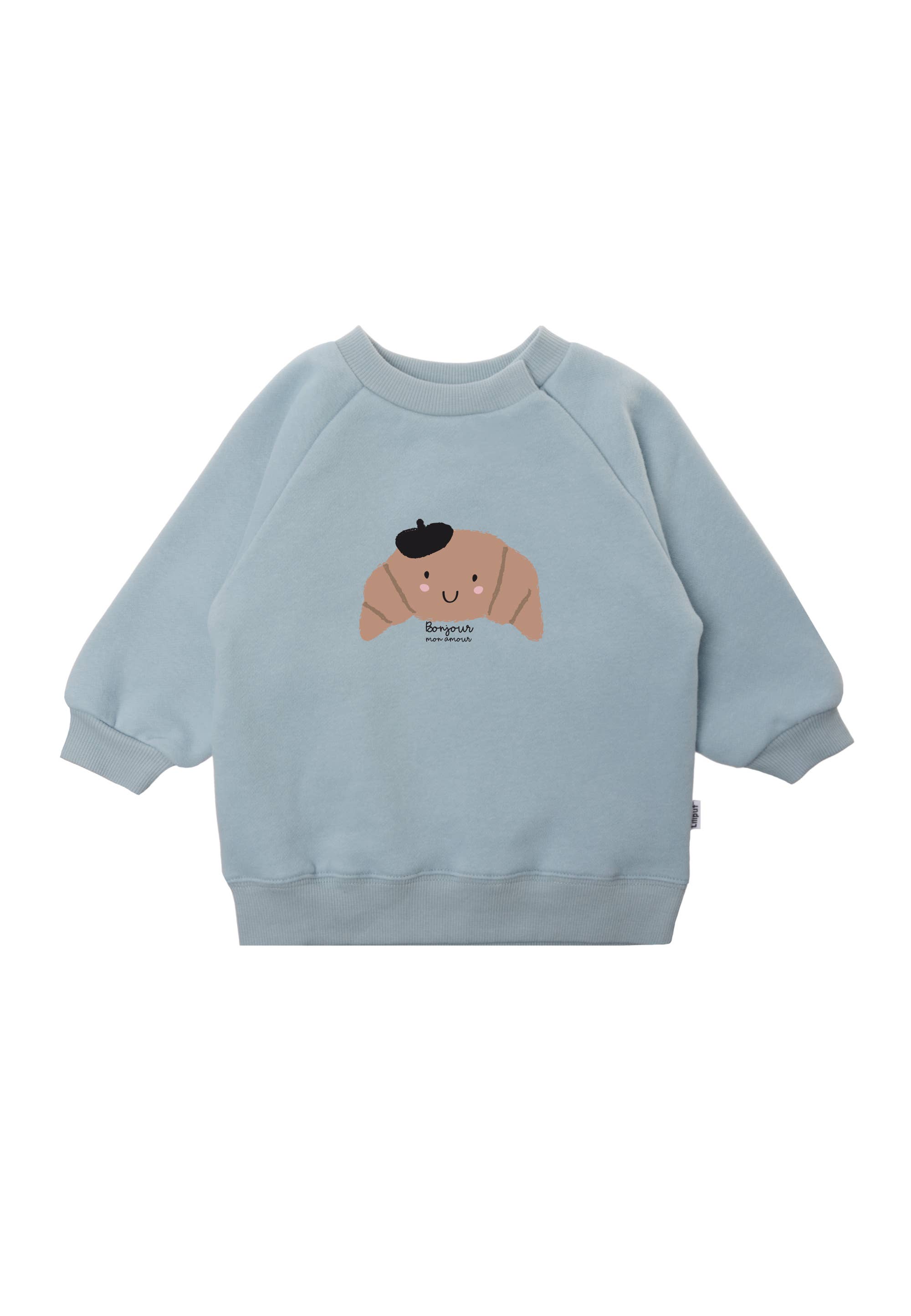 Liliput sweater Bonjour Croissant in lichtblauw met croissantprint