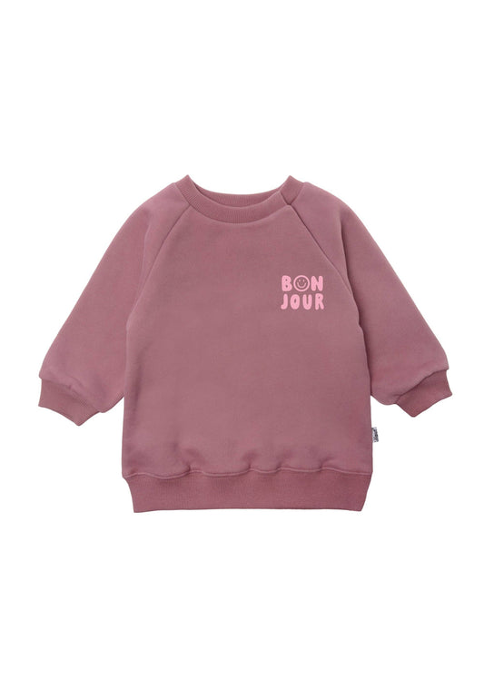 Mauve Liliput sweater met roze BONJOUR-smiley opdruk