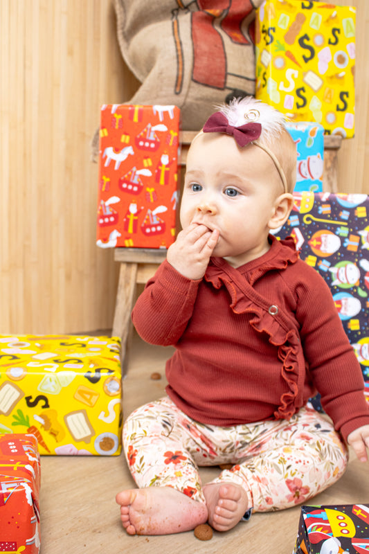 Handmade overslagshirt roestkleur ribstof met ruffle